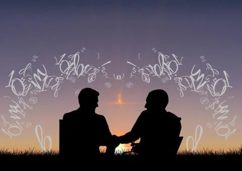 Friends silhouettes in front of the sunset with text around them 스톡 일러스트