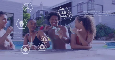 Friends sipping drinks pool edge, fading environmental icons appearing with code Stock Footage 312019321