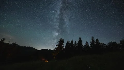Friends sitting by campfire under starry night sky with milky way galaxy stars Stock-Footage 258246940