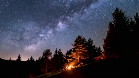 Friends sitting over campfire in summer nature forest milky way galaxy stars Stock Footage 170944599