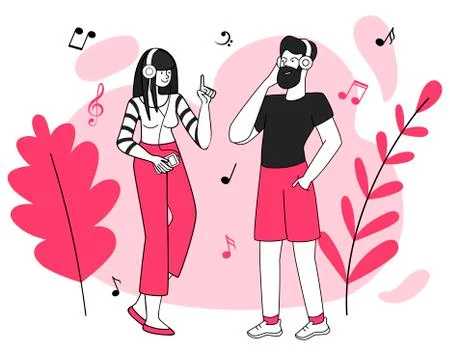 Friends, smiling young couple vector illustration. Pleasure, music enjoyment Stock Illustration