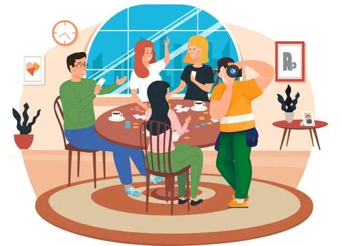 Friends spend time with different board games. Photographer takes pictures of Stock Illustration