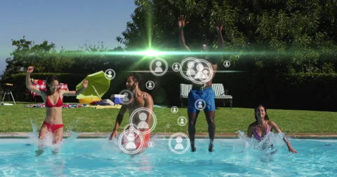 Friends splashing in backyard pool, with social media marketing icons floating Stock Footage 308027341
