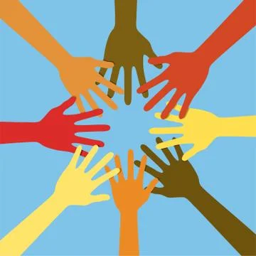 Friends with stack of hands showing unity and teamwork. Vector illustration. イラスト素材
