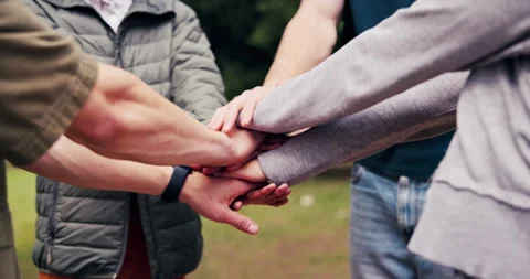 Friends, support and hand stack at park for social connection, solidarity and Stock Footage 347317829