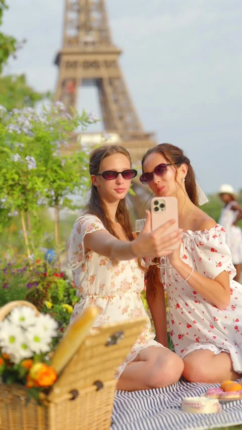 Friends Take a Wine Selfie at Eiffel Tower Picnic Stock Footage 344579563