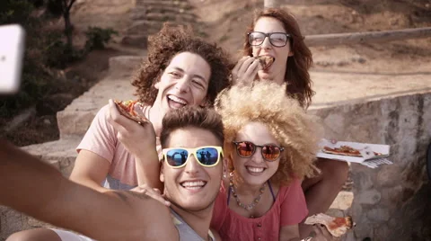 Friends Taking Selfie With Pizza Stock Footage