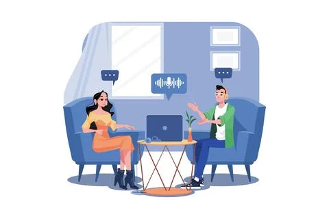 Friends Talking While Having A Podcast Stock Illustration