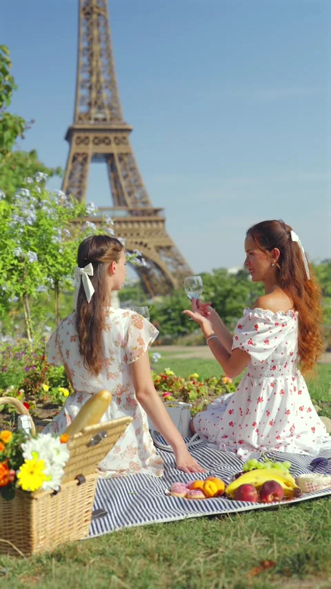 Friends Toasting With Wine at an Eiffel Tower Picnic Stock Footage 344577851