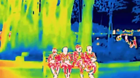 Friends, two couples are sitting on a bench infrared. Stock Footage 328660206