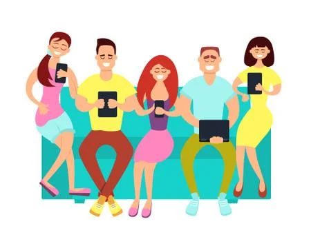 Friends using digital devices イラスト素材