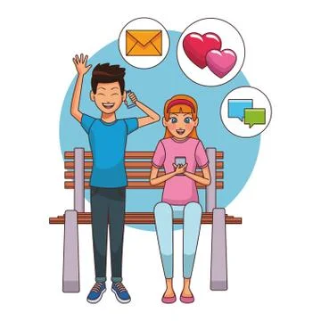 Friends using smartphone on bench Illustrazione stock