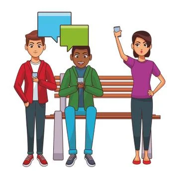 Friends using smartphones on bench Illustrazione stock
