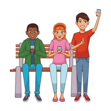 Friends using smartphones on bench Illustrazione stock