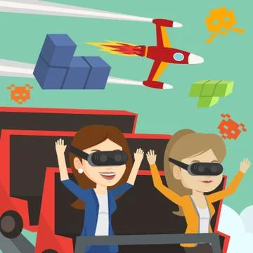 Friends in vr headset riding on roller coaster Stock Illustration
