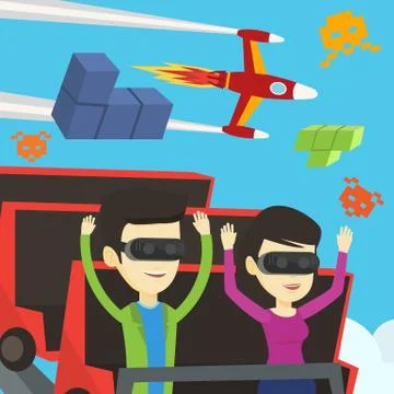 Friends in vr headset riding on roller coaster Stock Illustration