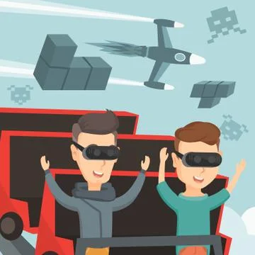 Friends in vr headset riding on roller coaster. Stock Illustration