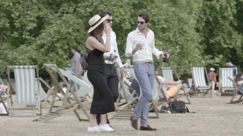 Friends Walking Through Park with Deckchairs on Sunny Day Stock Footage 344618073
