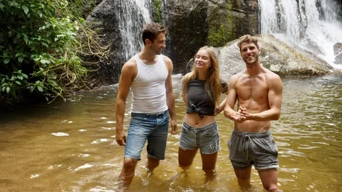 Friends by waterfall Video stock 94106007