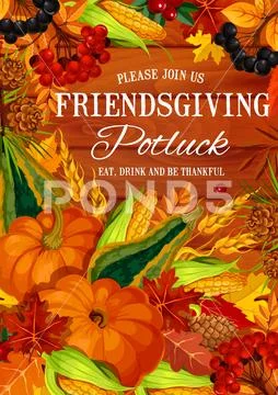 Friendsgiving potluck feast, Thanksgiving theme Stock Illustration
