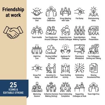 Friendship at work icon set with handshake, team huddle, and brainstorming .. Stock Illustration