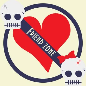 Friendzone vector illustration: heart shape symbol and two cute skulls. Stock Illustration
