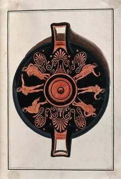 Frieze decorating the inside of a Greek red-figured cup (kylix) showing nak.. Stock Illustration