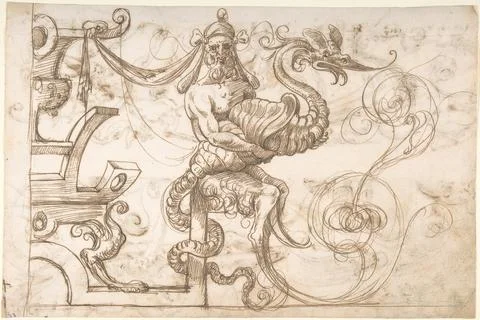 Frieze Design with Strapwork and a Satyr holding a Fantastical Creature (re.. Stock Illustration
