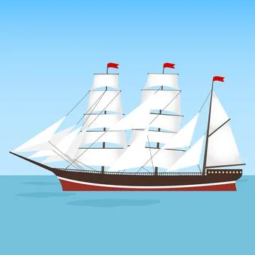 A frigate, a ship sails floating on the water. Stockillustratie