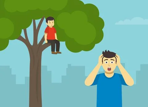 A frightened boy climbed a tree and sits on a branch. Schocked young man. Stock Illustration