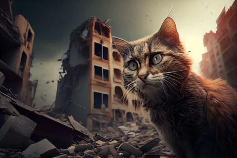 A frightened cat in front of destroyed houses after a strong earthquake Stock Illustration