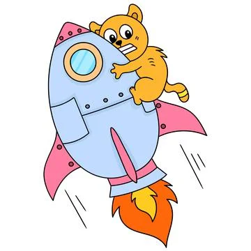 A frightened cat is holding on to a rocket flying into the sky, doodle icon i Stock-Illustration