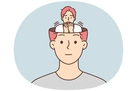 Frightened human sits in head of calm man hiding fear and emotions from others Stock Illustration