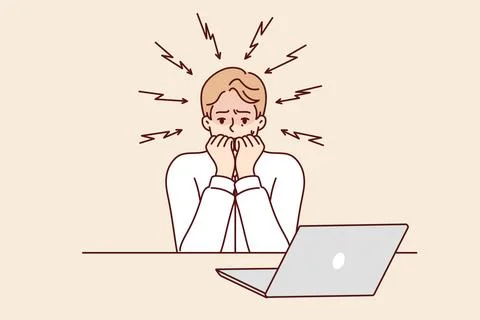 Frightened man bites nails after reading news on laptop about approaching Stock Illustration