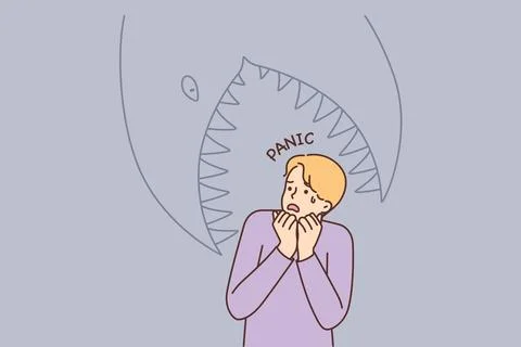 Frightened man having panic attack imagining giant fish trying to eat him 库存插图