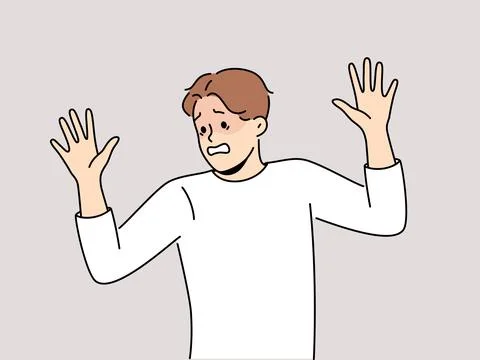 Frightened man raises hands in surrender and demonstrates obedience and refusal Stock Illustration