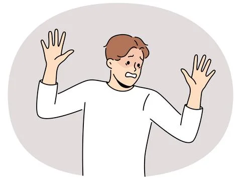 Frightened man raises hands in surrender and demonstrates obedience and refusal Stock Illustration