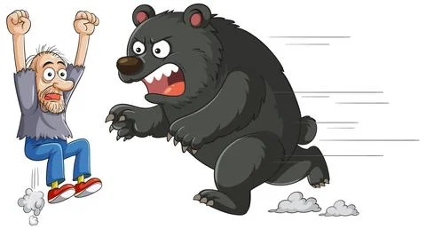 Frightened Man Running From Charging Angry Bear Stock Illustration