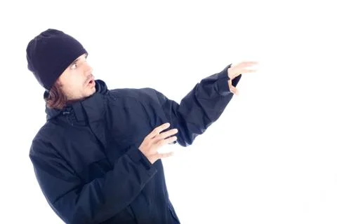Frightened man in winter jacket Stock Photos