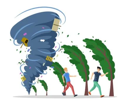 Frightened men running from hurricane vector flat illustration. Natural disaster 스톡 일러스트