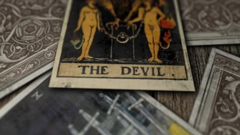 Frightening Devil With Horns, Wings in Tarot Deck, Fortune-Telling, Evil Triumph Stock Footage 122001666