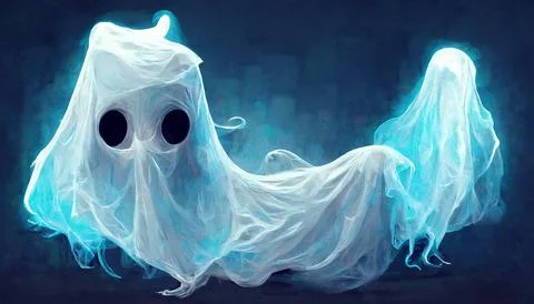 Frightening ghosts in white bed sheet isolated on dark background. 스톡 일러스트