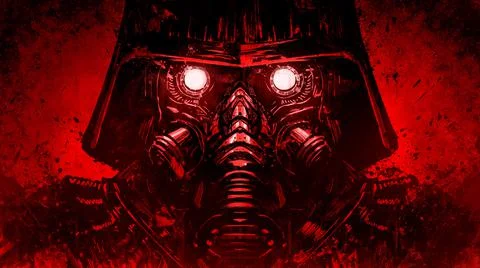 A frightening soldier liquidator, in a high-tech sealed mask with a respirato Illustration