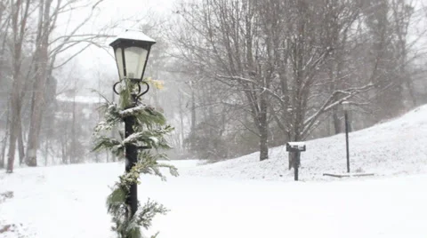 Frigid pine-covered lamp post in snow Video stock 34369078