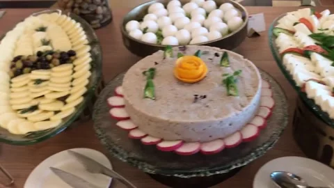 The fritters and salad with the sweets on the table Video stock 229386514
