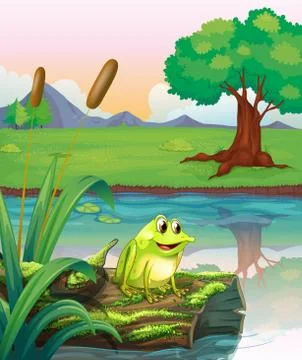 A frog above a trunk with algae Stock Illustration