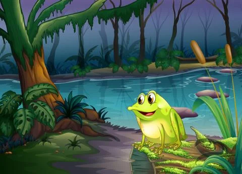 A frog above a trunk with algae イラスト素材