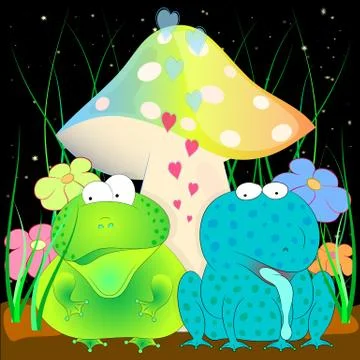 Frog and toad under the mushroom. magic vector illustration. Stockillustratie