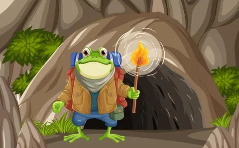 Frog Backpacker Explores in the Cave Stock Illustration