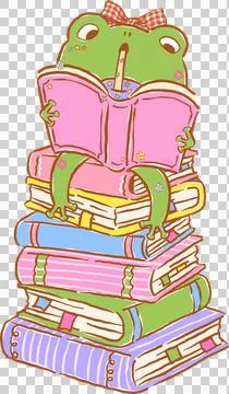 Frog Bookish, Cute Frog Reading a Book on Stacked Books Hand Drawn Stock Illustration
